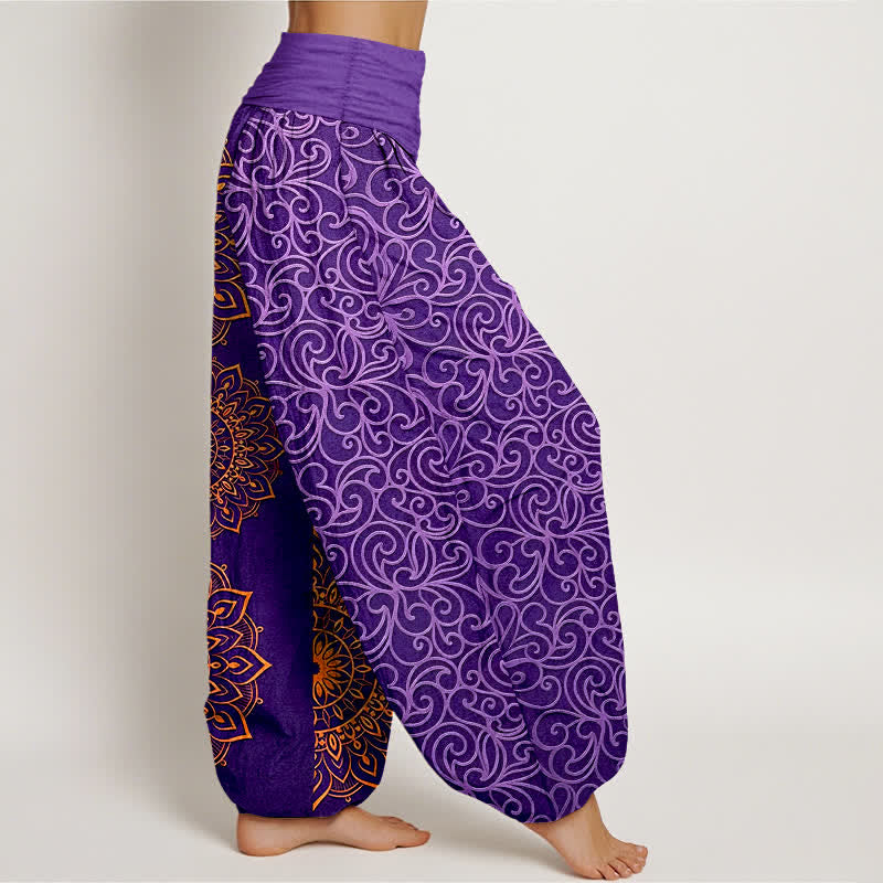 Buddha Stones Pantalones harem de mujer con cintura elástica y estampado floral de mandala dorado, de algodón puro. - image 2