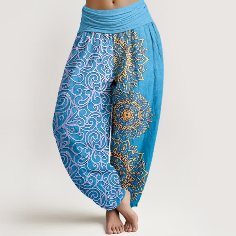 Buddha Stones Pantalones harem de mujer con cintura elástica y estampado floral de mandala dorado, de algodón puro. - Turquesa - US16，UK/AU20，EU48 (3XL) - image 5