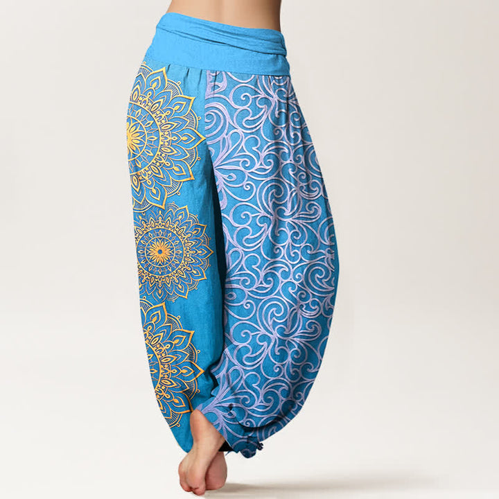 Buddha Stones Pantalones harem de mujer con cintura elástica y estampado floral de mandala dorado, de algodón puro. - image 6