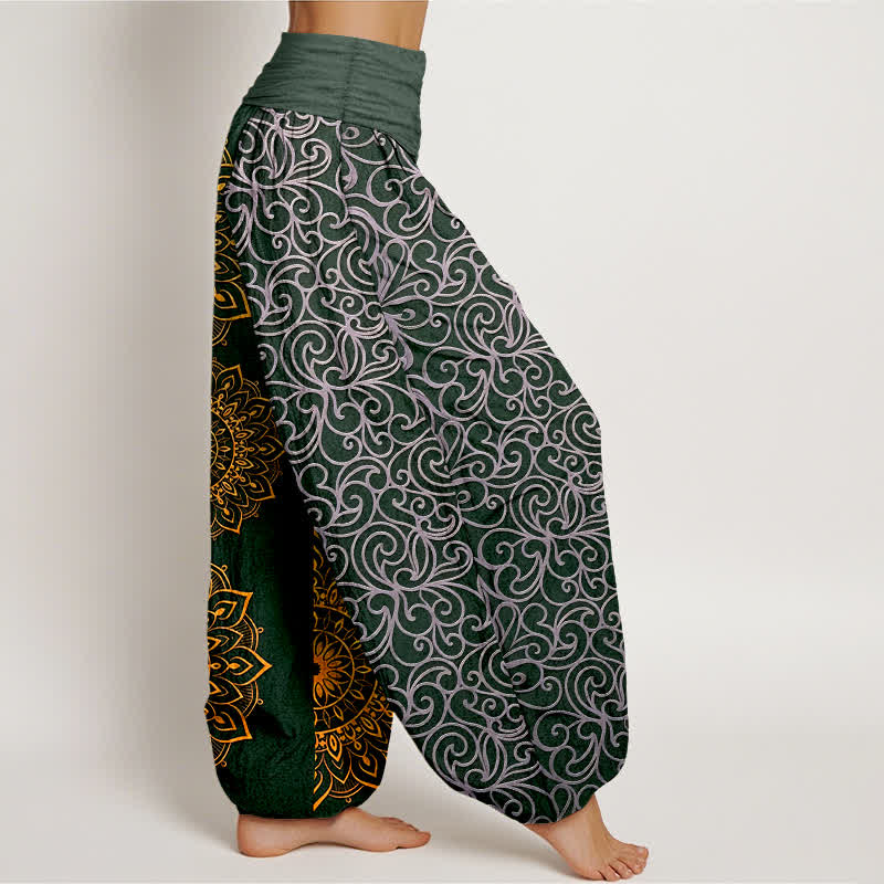 Buddha Stones Pantalones harem de mujer con cintura elástica y estampado floral de mandala dorado, de algodón puro. - image 10