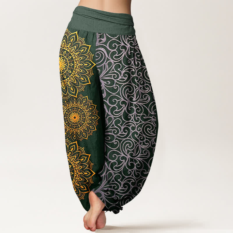 Buddha Stones Pantalones harem de mujer con cintura elástica y estampado floral de mandala dorado, de algodón puro. - image 9