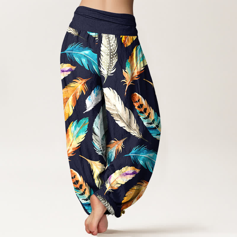 Buddha Stones Pantalones harem de mujer con cintura elástica y estampado de plumas de colores, de algodón puro. - image 1