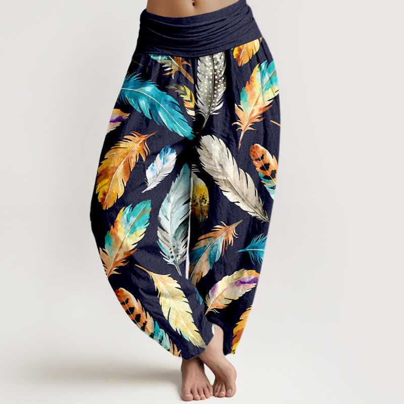 Buddha Stones Pantalones harem de mujer con cintura elástica y estampado de plumas de colores, de algodón puro. - Marina de guerra - US16，UK/AU20，EU48 (3XL) - image 0