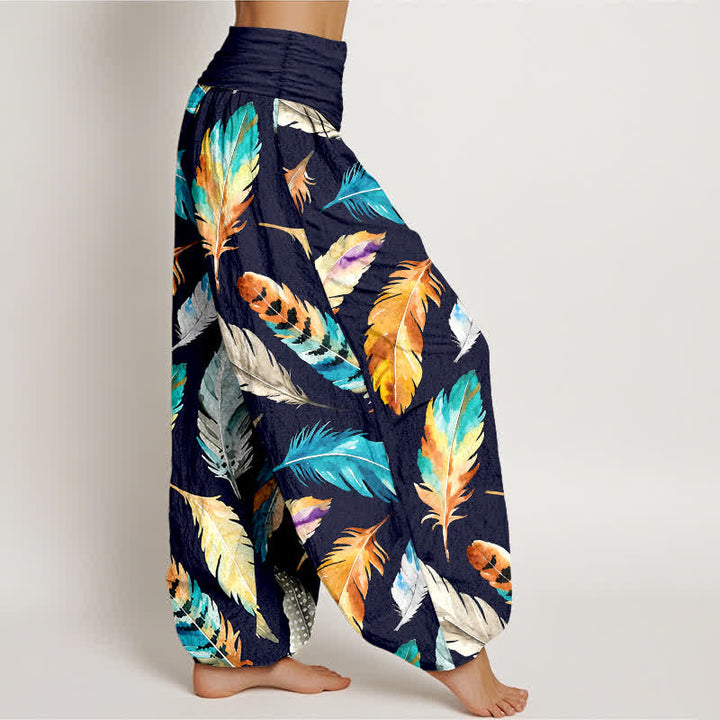 Buddha Stones Pantalones harem de mujer con cintura elástica y estampado de plumas de colores, de algodón puro. - image 2