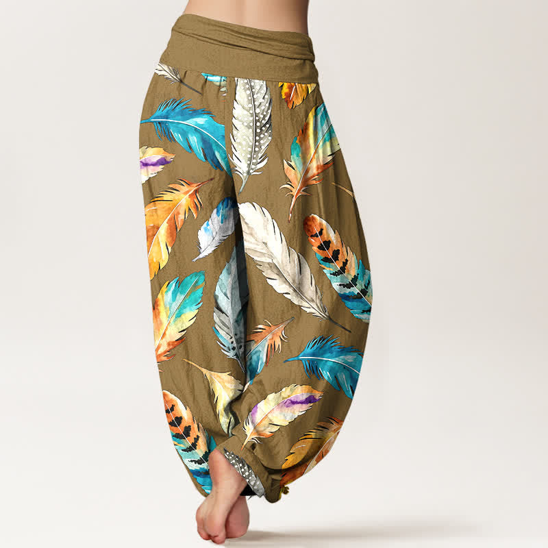 Buddha Stones Pantalones harem de mujer con cintura elástica y estampado de plumas de colores, de algodón puro. - image 6