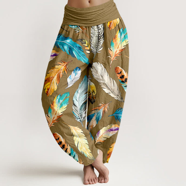 Buddha Stones Pantalones harem de mujer con cintura elástica y estampado de plumas de colores, de algodón puro. - Caqui oscuro - US16，UK/AU20，EU48 (3XL) - image 5