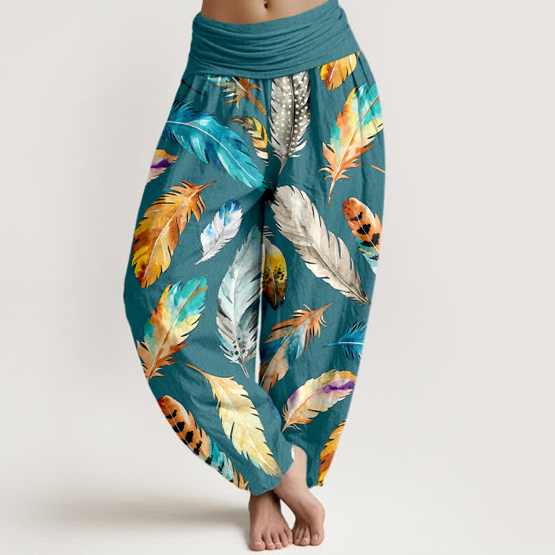 Buddha Stones Pantalones harem de mujer con cintura elástica y estampado de plumas de colores, de algodón puro. - Verde azulado - US16，UK/AU20，EU48 (3XL) - image 8