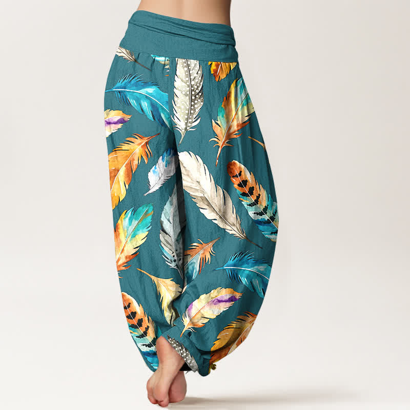Buddha Stones Pantalones harem de mujer con cintura elástica y estampado de plumas de colores, de algodón puro. - image 9