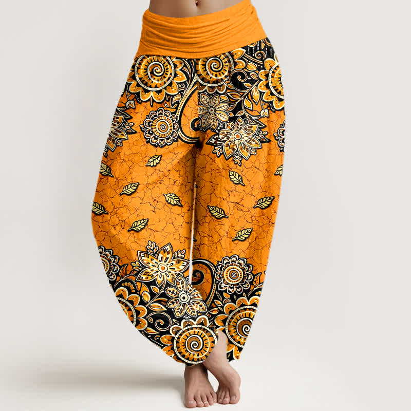 Buddha Stones Pantalones harem de mujer con cintura elástica, de algodón puro y estampado paisley mandala en naranja intenso. - Naranja - US16，UK/AU20，EU48 (3XL) - image 0