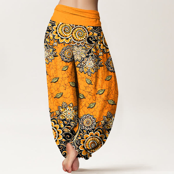 Buddha Stones Pantalones harem de mujer con cintura elástica, de algodón puro y estampado paisley mandala en naranja intenso. - image 1