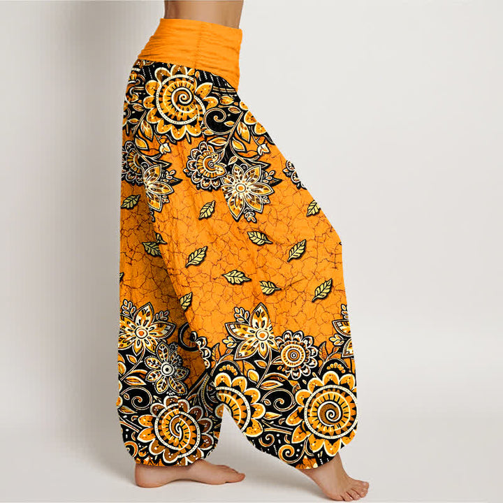 Buddha Stones Pantalones harem de mujer con cintura elástica, de algodón puro y estampado paisley mandala en naranja intenso. - image 2