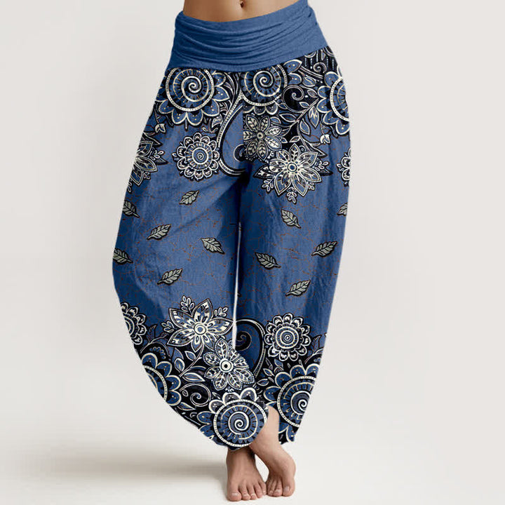 Buddha Stones Pantalones harem de mujer con cintura elástica, de algodón puro y estampado paisley mandala en naranja intenso. - Azul real - US16，UK/AU20，EU48 (3XL) - image 5
