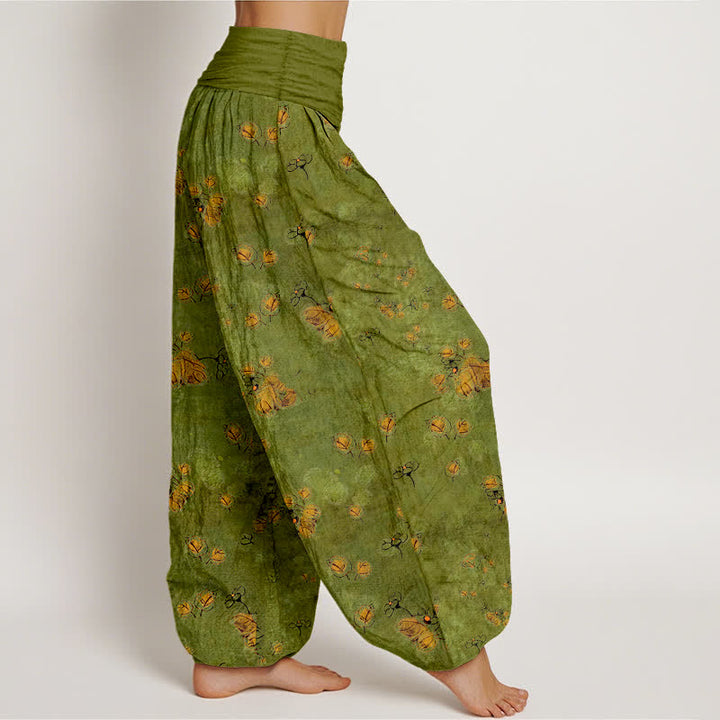 Buddha Stones Pantalones harem de mujer con cintura elástica y estampado floral de caléndulas dispersas, de algodón puro. - image 2