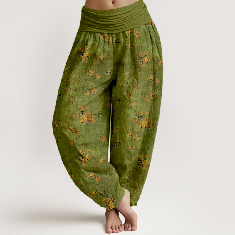 Buddha Stones Pantalones harem de mujer con cintura elástica y estampado floral de caléndulas dispersas, de algodón puro. - Verde oliva - US16，UK/AU20，EU48 (3XL) - image 0