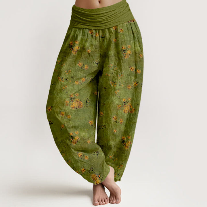 Buddha Stones Pantalones harem de mujer con cintura elástica y estampado floral de caléndulas dispersas, de algodón puro. - Verde oliva - US16，UK/AU20，EU48 (3XL) - image 0