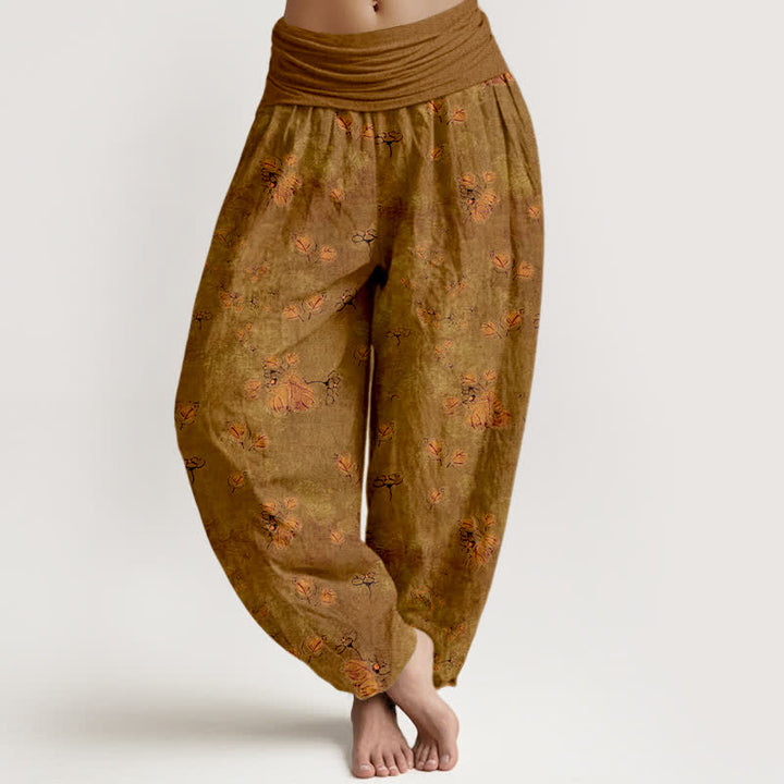 Buddha Stones Pantalones harem de mujer con cintura elástica y estampado floral de caléndulas dispersas, de algodón puro. - Perú - US16，UK/AU20，EU48 (3XL) - image 5