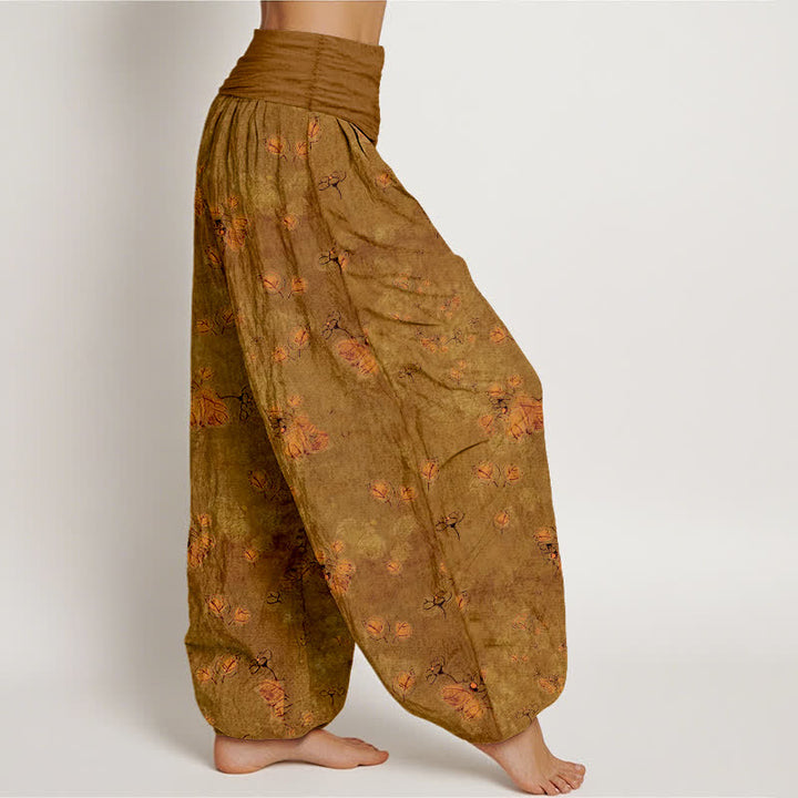 Buddha Stones Pantalones harem de mujer con cintura elástica y estampado floral de caléndulas dispersas, de algodón puro. - image 7