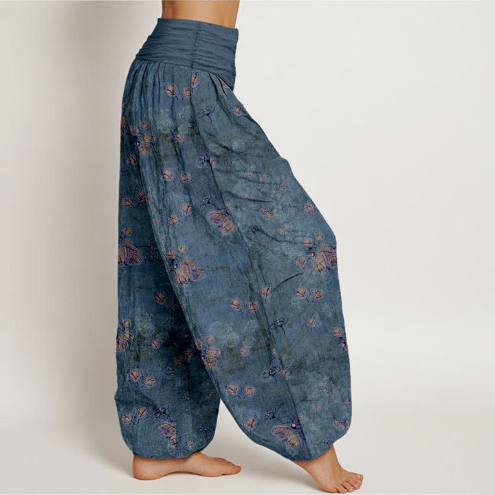 Buddha Stones Pantalones harem de mujer con cintura elástica y estampado floral de caléndulas dispersas, de algodón puro. - image 10
