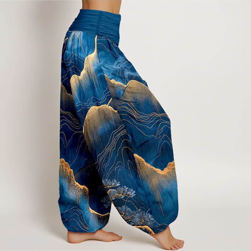 Buddha Stones Pantalones harem de mujer con cintura elástica y estampado Midnight Mountain Gold Line de algodón puro. - image 2