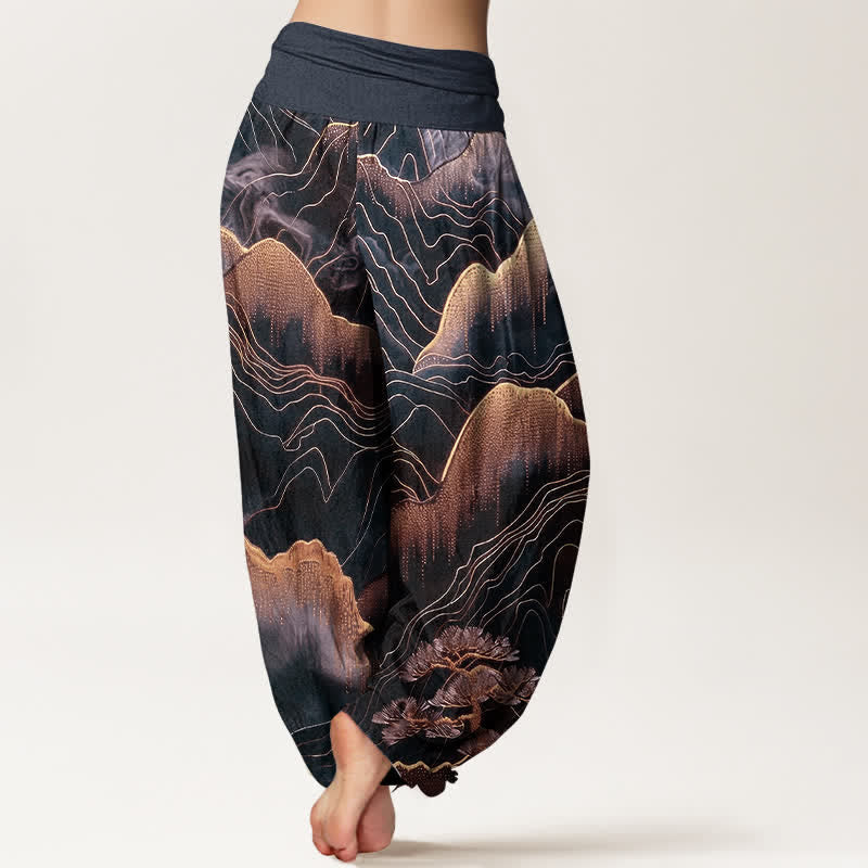 Buddha Stones Pantalones harem de mujer con cintura elástica y estampado Midnight Mountain Gold Line de algodón puro. - image 6
