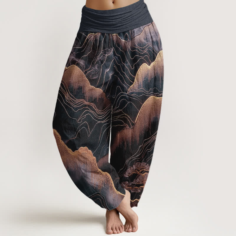 Buddha Stones Pantalones harem de mujer con cintura elástica y estampado Midnight Mountain Gold Line de algodón puro. - Negro - US16，UK/AU20，EU48 (3XL) - image 5