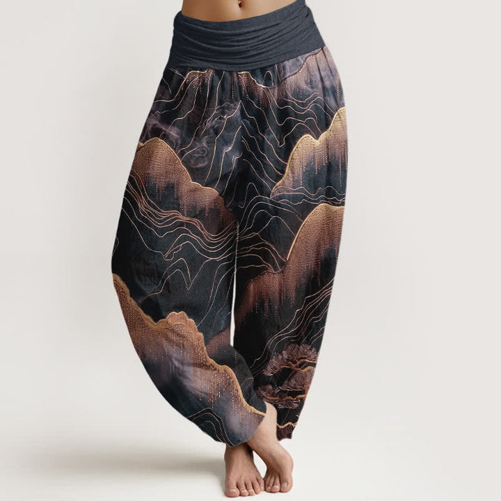 Buddha Stones Pantalones harem de mujer con cintura elástica y estampado Midnight Mountain Gold Line de algodón puro. - Negro - US16，UK/AU20，EU48 (3XL) - image 5