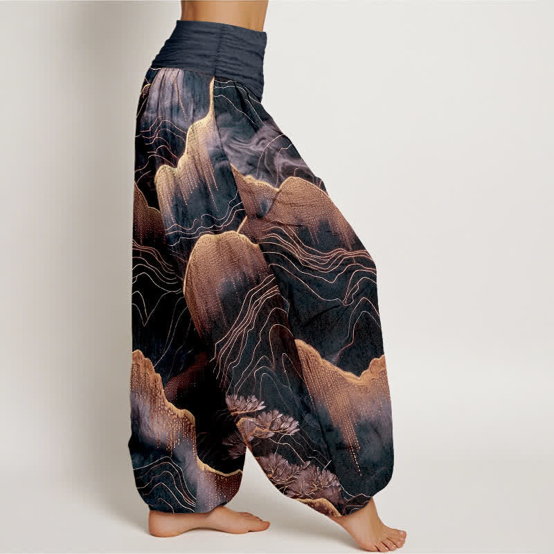 Buddha Stones Pantalones harem de mujer con cintura elástica y estampado Midnight Mountain Gold Line de algodón puro. - image 7