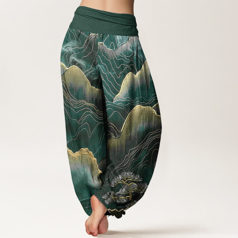 Buddha Stones Pantalones harem de mujer con cintura elástica y estampado Midnight Mountain Gold Line de algodón puro. - image 9