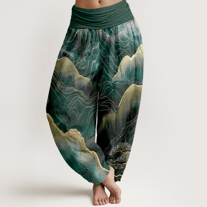Buddha Stones Pantalones harem de mujer con cintura elástica y estampado Midnight Mountain Gold Line de algodón puro. - Verde azulado - US16，UK/AU20，EU48 (3XL) - image 8