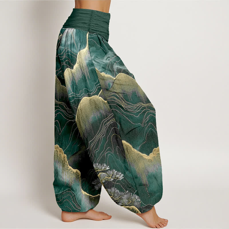 Buddha Stones Pantalones harem de mujer con cintura elástica y estampado Midnight Mountain Gold Line de algodón puro. - image 10