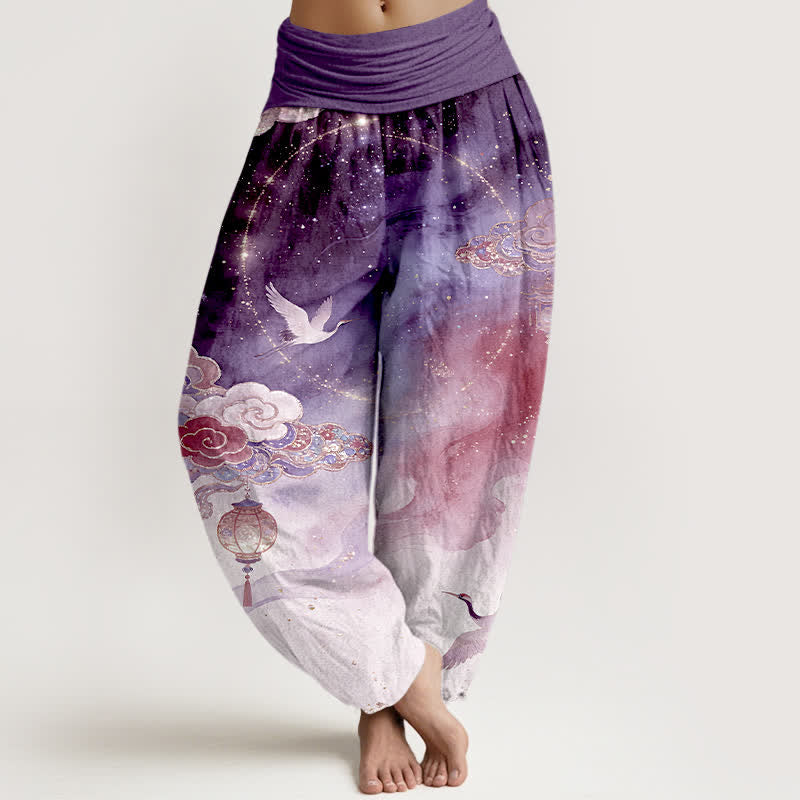 Buddha Stones Pantalones harem de algodón puro con estampado de grulla, nube, linterna y cielo nocturno para mujer. - Púrpura - US16，UK/AU20，EU48 (3XL) - image 5