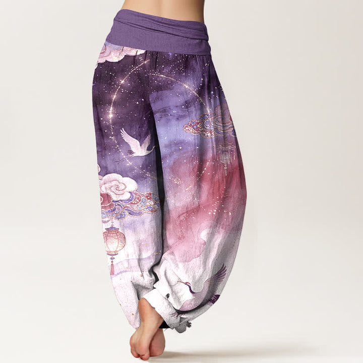 Buddha Stones Pantalones harem de algodón puro con estampado de grulla, nube, linterna y cielo nocturno para mujer. - image 6