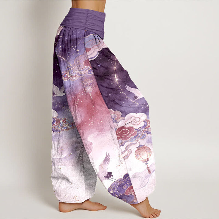 Buddha Stones Pantalones harem de algodón puro con estampado de grulla, nube, linterna y cielo nocturno para mujer. - image 7