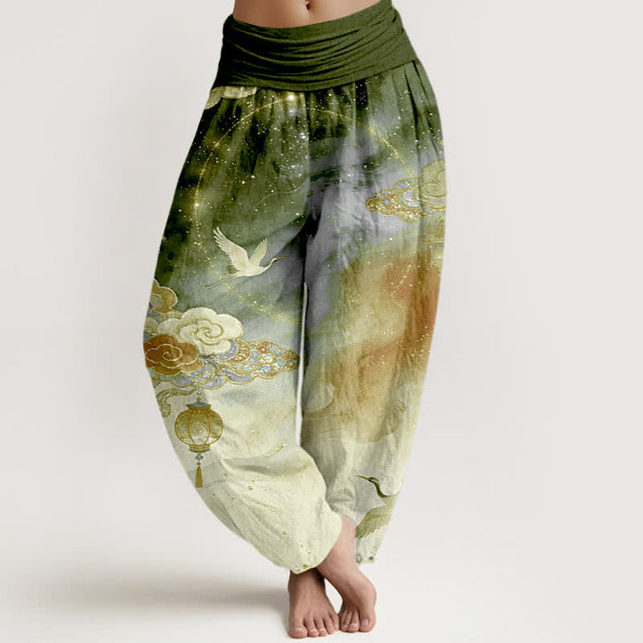 Buddha Stones Pantalones harem de algodón puro con estampado de grulla, nube, linterna y cielo nocturno para mujer. - Aceituna - US16，UK/AU20，EU48 (3XL) - image 8