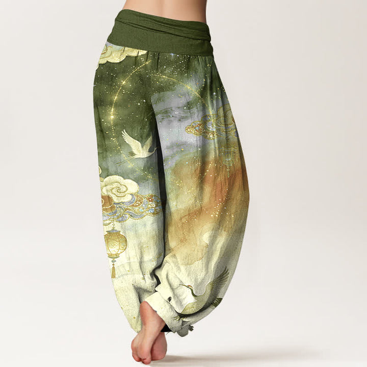 Buddha Stones Pantalones harem de algodón puro con estampado de grulla, nube, linterna y cielo nocturno para mujer. - image 9