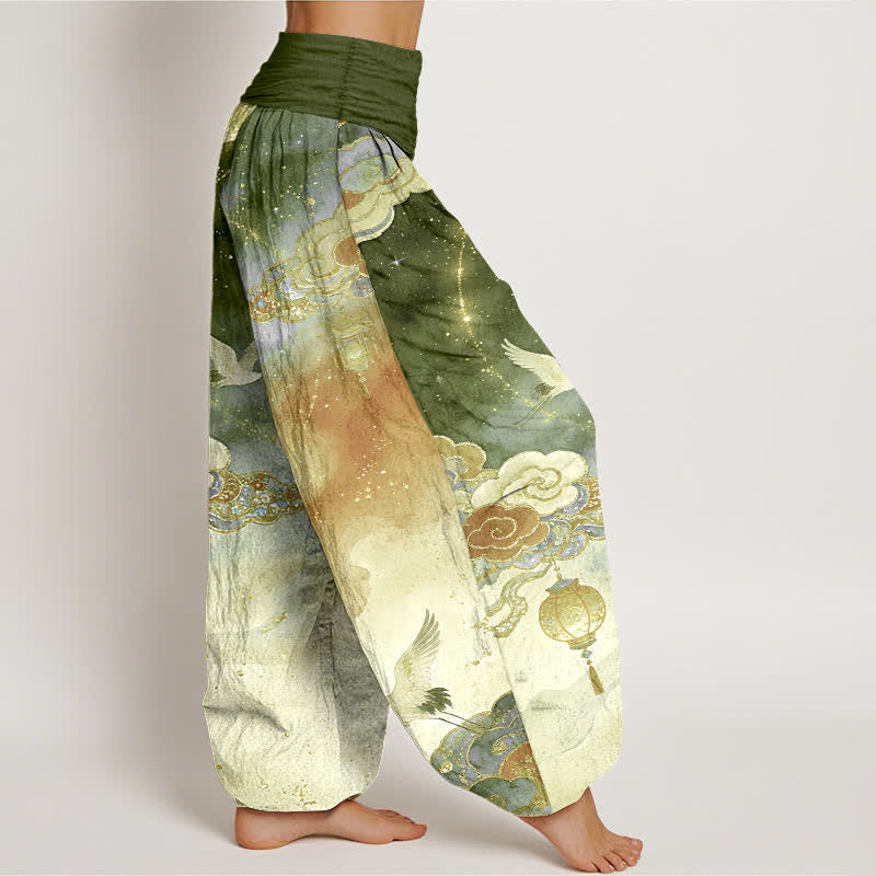 Buddha Stones Pantalones harem de algodón puro con estampado de grulla, nube, linterna y cielo nocturno para mujer. - image 10