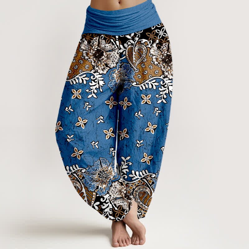 Buddha Stones Pantalones harem de mujer con cintura elástica, de algodón puro y estampado floral bohemio de cachemir. - Azul aciano - US16，UK/AU20，EU48 (3XL) - image 0