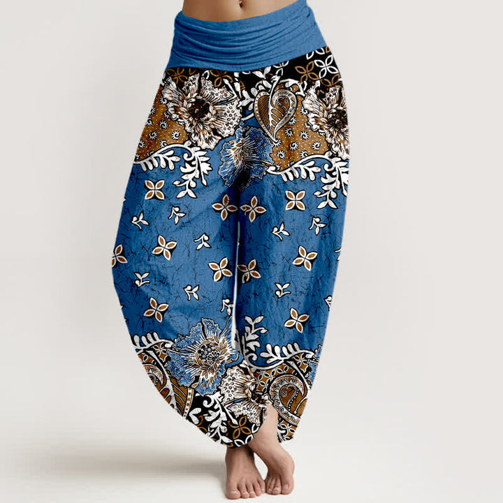 Buddha Stones Pantalones harem de mujer con cintura elástica, de algodón puro y estampado floral bohemio de cachemir. - Azul aciano - US16，UK/AU20，EU48 (3XL) - image 0
