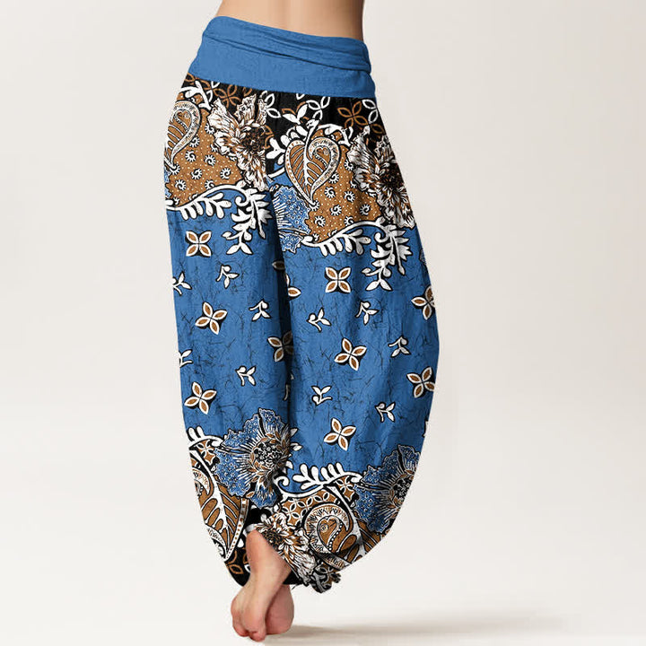 Buddha Stones Pantalones harem de mujer con cintura elástica, de algodón puro y estampado floral bohemio de cachemir. - image 1