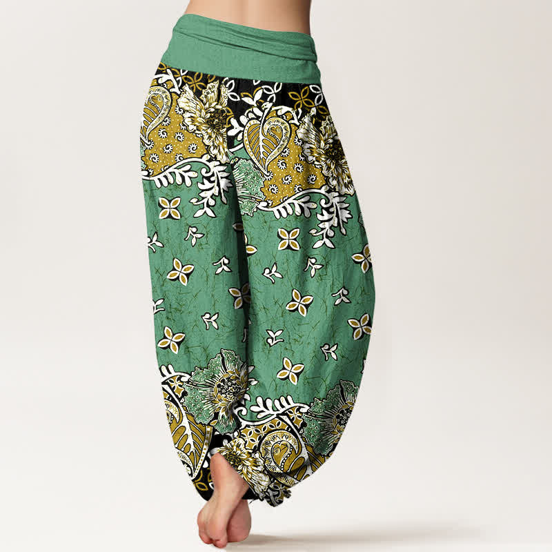 Buddha Stones Pantalones harem de mujer con cintura elástica, de algodón puro y estampado floral bohemio de cachemir. - image 9