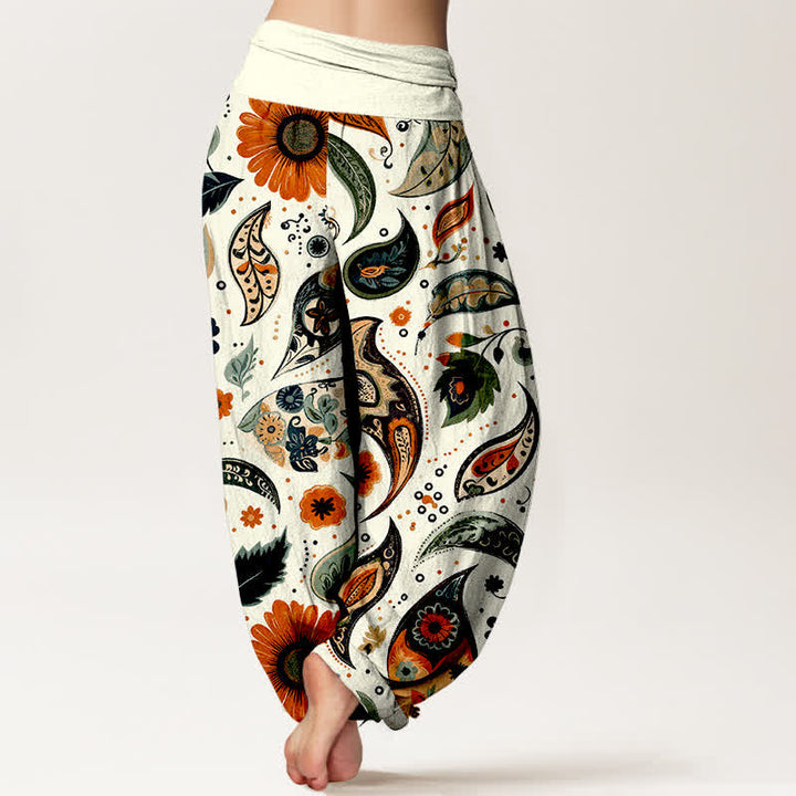 Buddha Stones Pantalones harem de mujer con cintura elástica, estampado bohemio de girasoles y cachemir, de algodón puro. - image 1