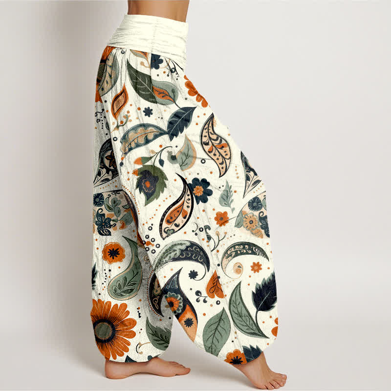 Buddha Stones Pantalones harem de mujer con cintura elástica, estampado bohemio de girasoles y cachemir, de algodón puro. - image 2