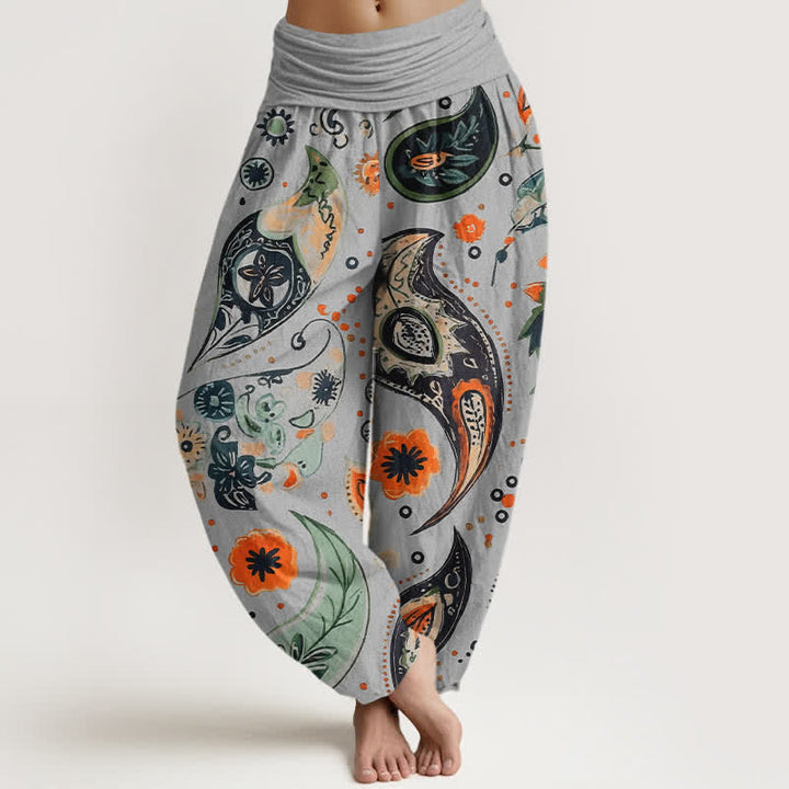 Buddha Stones Pantalones harem de mujer con cintura elástica, estampado bohemio de girasoles y cachemir, de algodón puro. - Gris claro - US16，UK/AU20，EU48 (3XL) - image 5