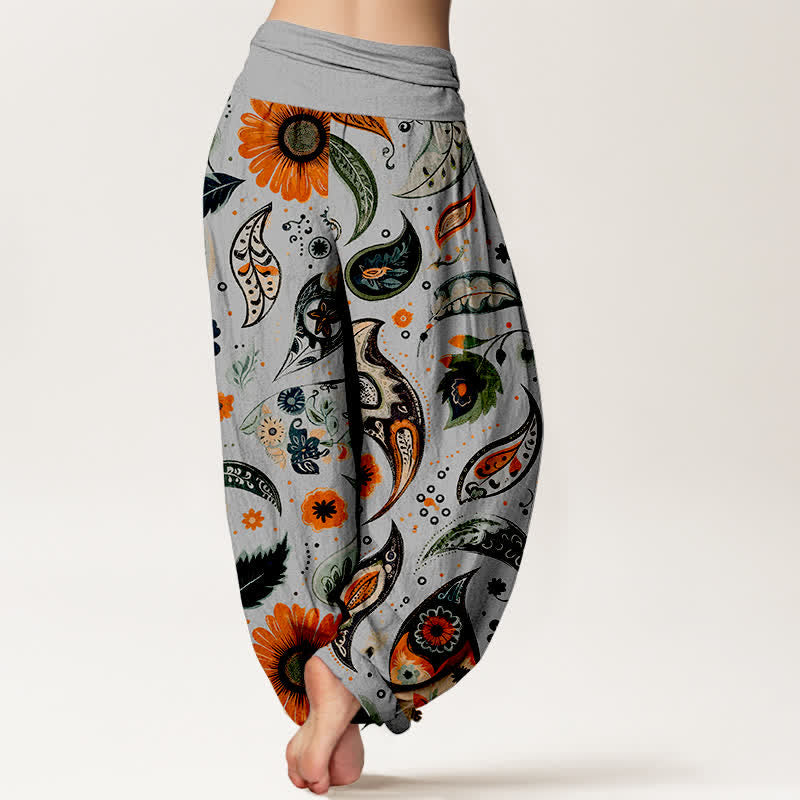 Buddha Stones Pantalones harem de mujer con cintura elástica, estampado bohemio de girasoles y cachemir, de algodón puro. - image 6