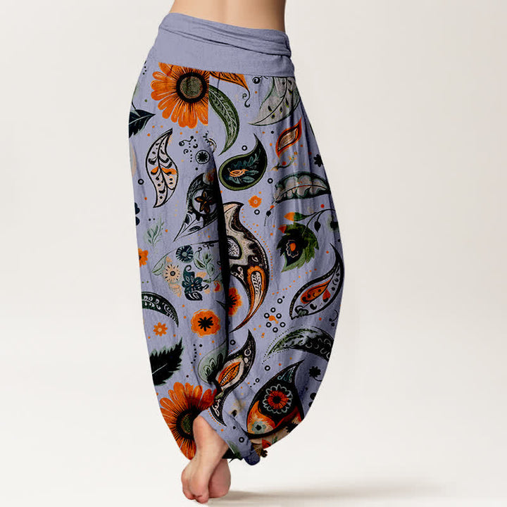 Buddha Stones Pantalones harem de mujer con cintura elástica, estampado bohemio de girasoles y cachemir, de algodón puro. - image 9