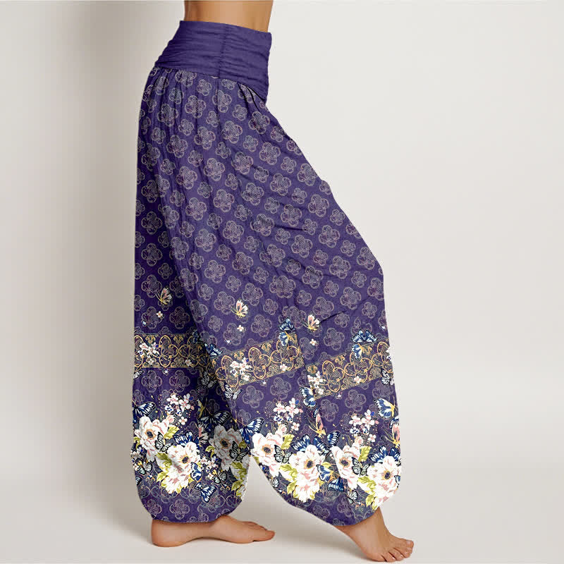 Buddha Stones Pantalones harem de mujer con cintura elástica y estampado floral bohemio de algodón puro. - image 2
