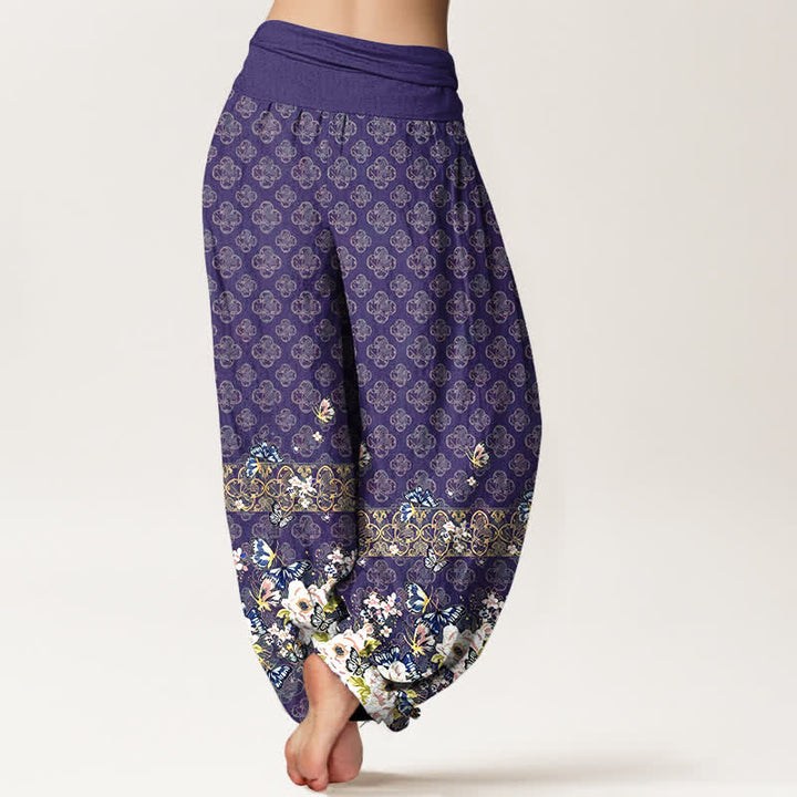 Buddha Stones Pantalones harem de mujer con cintura elástica y estampado floral bohemio de algodón puro. - image 1