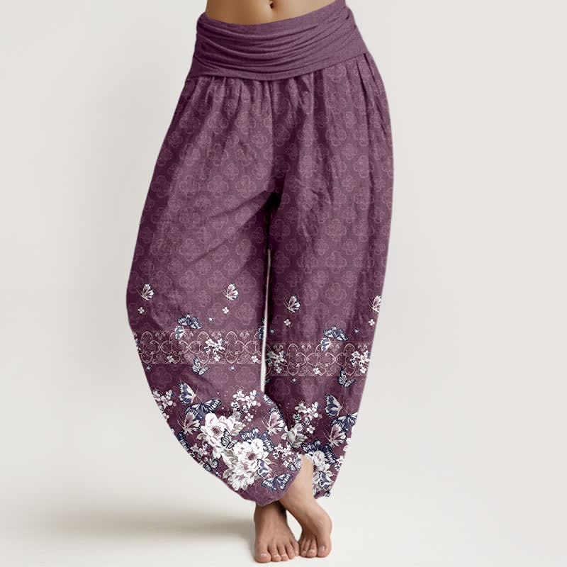 Buddha Stones Pantalones harem de mujer con cintura elástica y estampado floral bohemio de algodón puro. - Ciruela - US16，UK/AU20，EU48 (3XL) - image 5