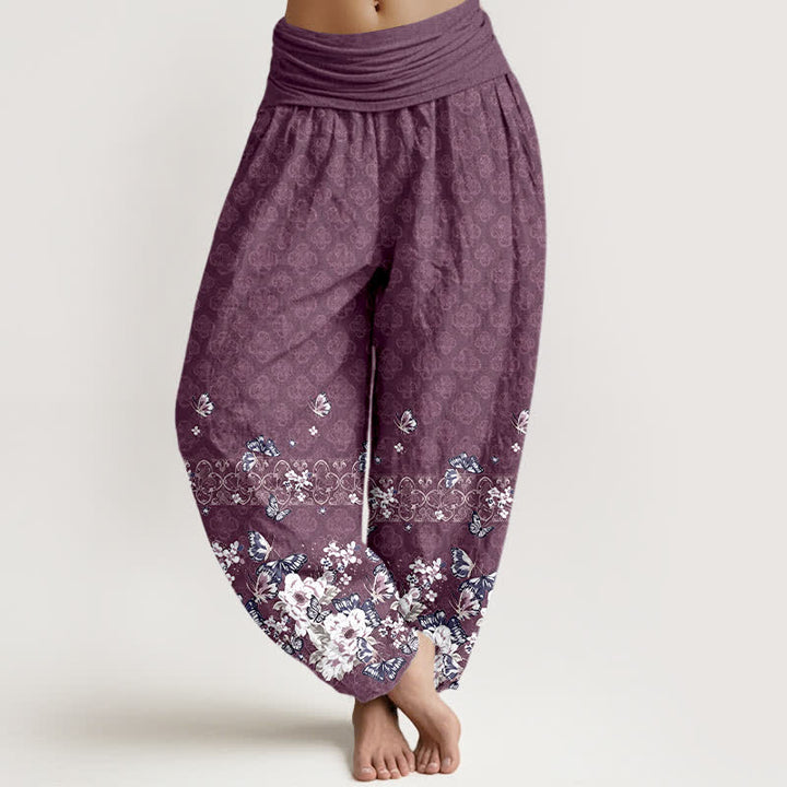 Buddha Stones Pantalones harem de mujer con cintura elástica y estampado floral bohemio de algodón puro. - Ciruela - US16，UK/AU20，EU48 (3XL) - image 5