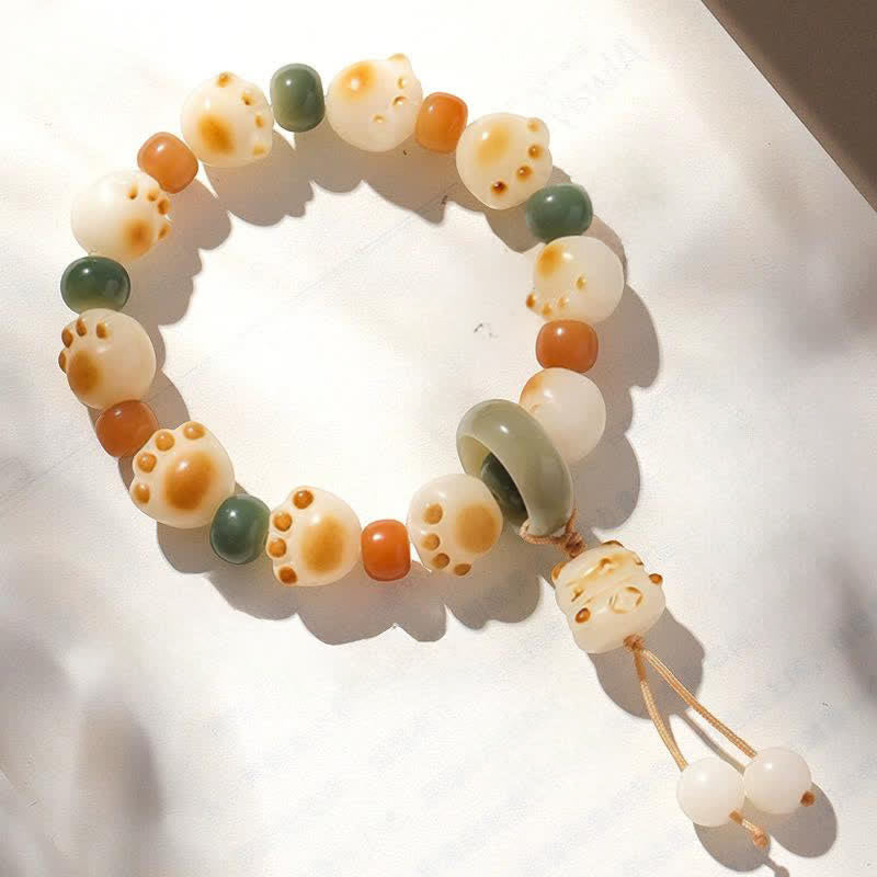 Buddha Stones Pulsera de la riqueza con diseño de huella de gato y semillas de Bodhi naturales - Colgante de gato (circunferencia de la muñeca: 17–18 cm) - image 3